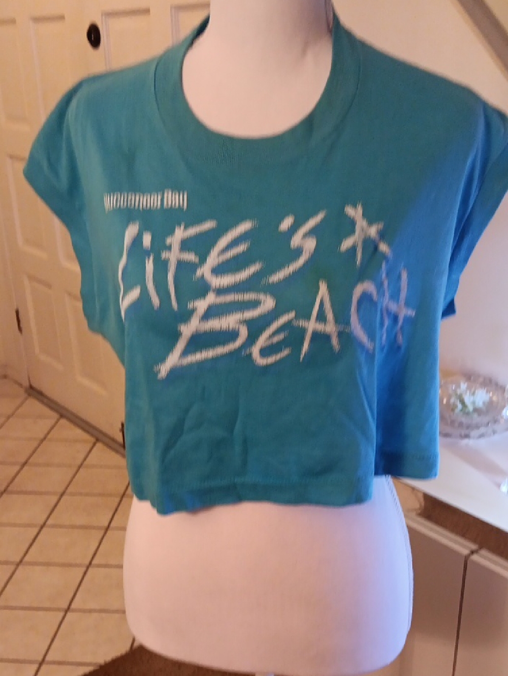 Screen Stars Teal Crop Top "Life's a Beach"